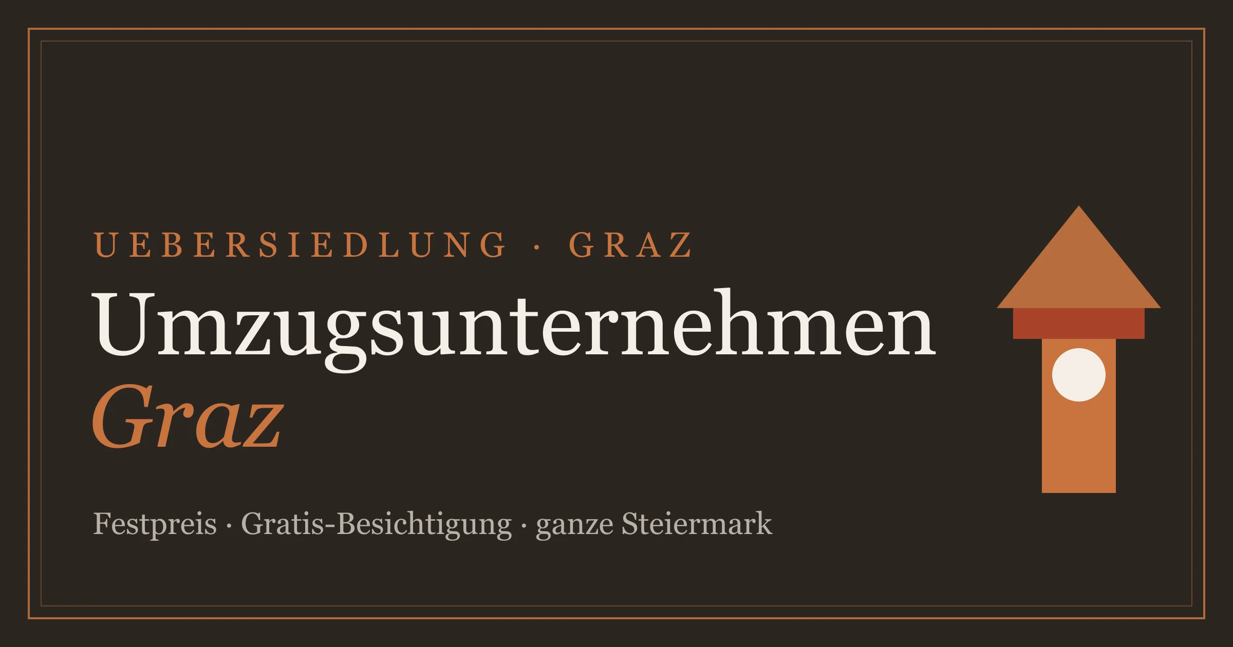 Flat-Design-Illustration: ein Träger rollt eine deckenverpackte Kommode auf der Sackkarre durch einen steinernen Torbogen eines Grazer Innenhofs zu einem kleinen Kastenwagen ohne Emblem in der engen Gasse, im Hintergrund der Uhrturm über roten Ziegeldächern - Möbeltaxi in Graz