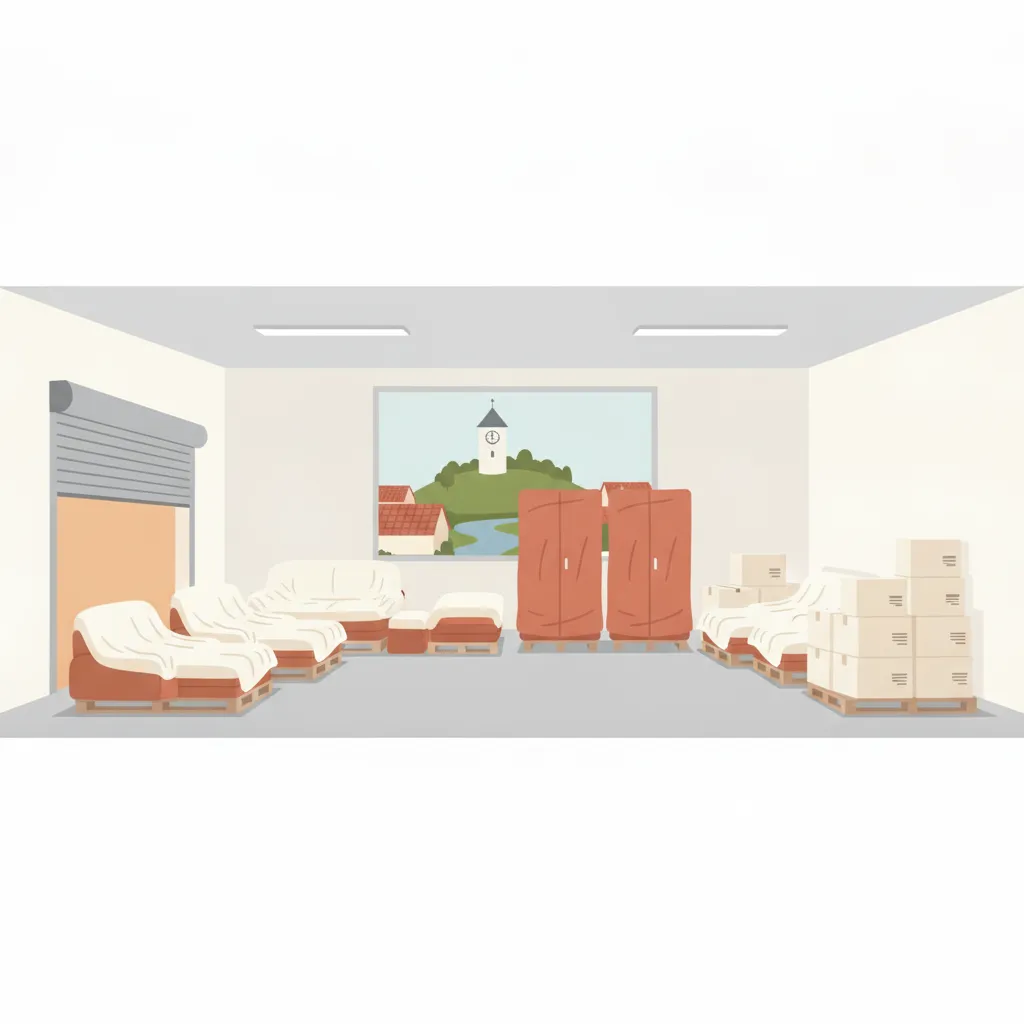 Flat-Design-Illustration: gepolsterte Möbel und beschriftete Kartons stehen ordentlich gestapelt in einem trockenen, gesicherten Lagerraum mit Rolltor, durch ein Fenster der Grazer Uhrturm auf dem Schlossberg über roten Ziegeldächern - Einlagerung in Graz