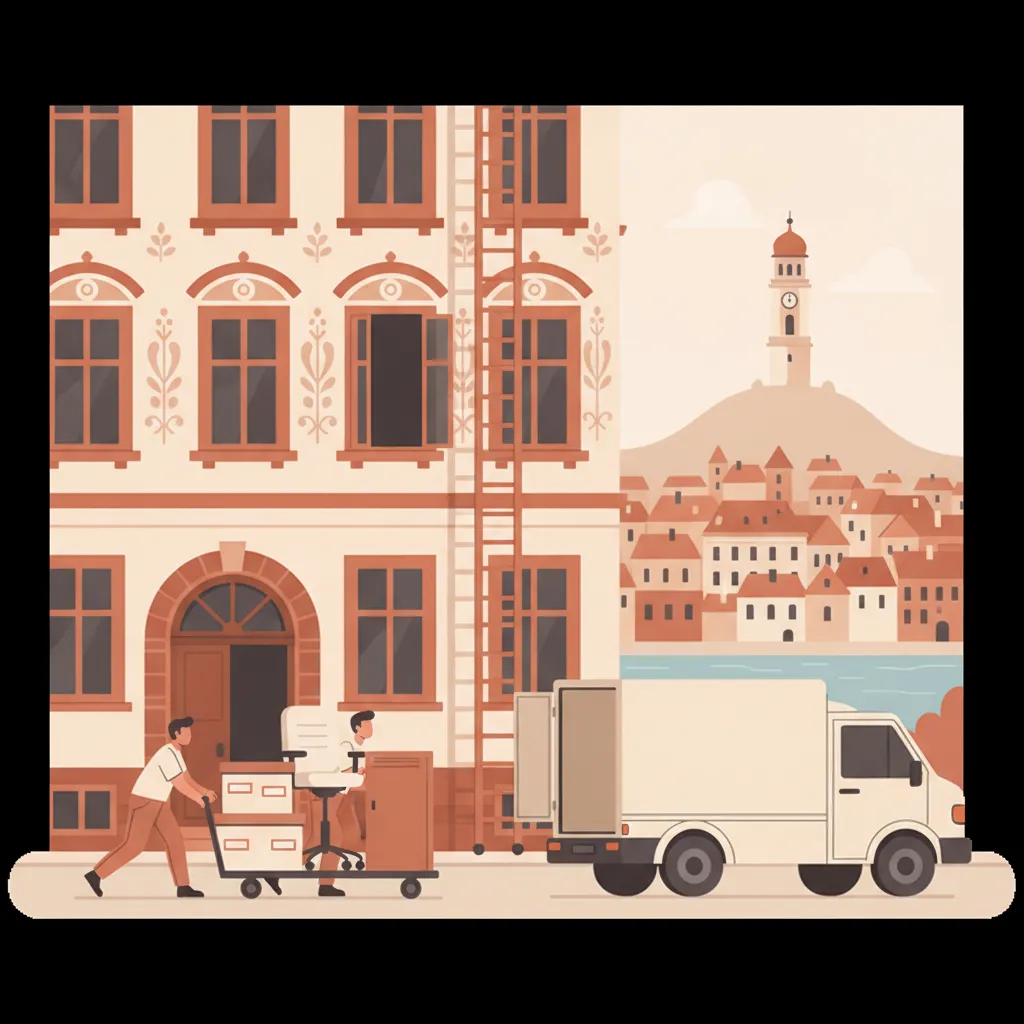 Flat-Design-Illustration: zwei Träger schieben beschriftete Aktenkartons und einen Bürocontainer auf Rollwagen aus einem Grazer Gründerzeit-Bürohaus zu einem geschlossenen Kastenwagen ohne Emblem, daneben ein Möbellift an der Fassade, im Hintergrund der Uhrturm auf dem Schlossberg und rote Ziegeldächer der Altstadt - Firmen- und Büroumzug in Graz