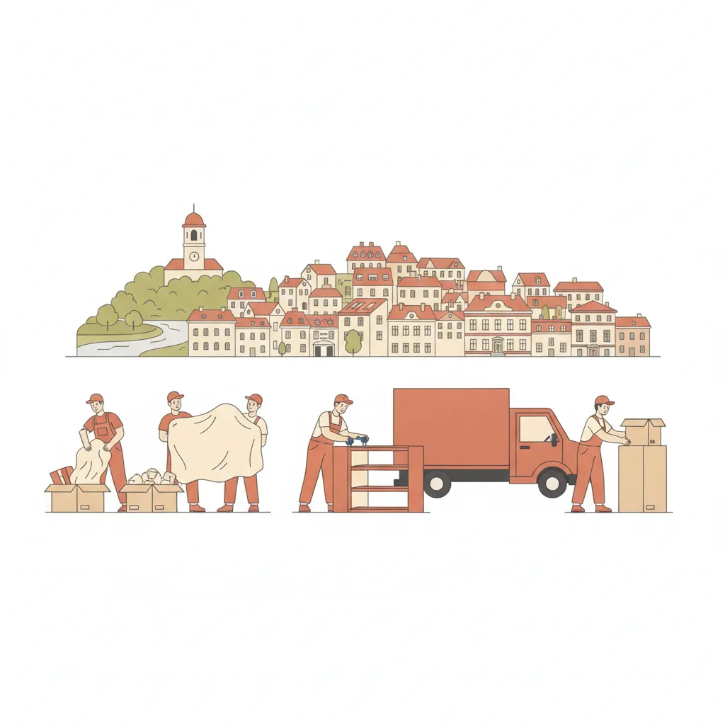 Flat-Design-Illustration: ein Team in schlichter Arbeitskleidung packt Kartons, trägt deckenverpackte Möbel und schraubt ein Regal zusammen, daneben ein geschlossener Kastenwagen ohne Emblem, im Hintergrund Grazer Altbaufassaden mit Uhrturm und Schlossberg über roten Ziegeldächern - Full-Service-Umzug in Graz