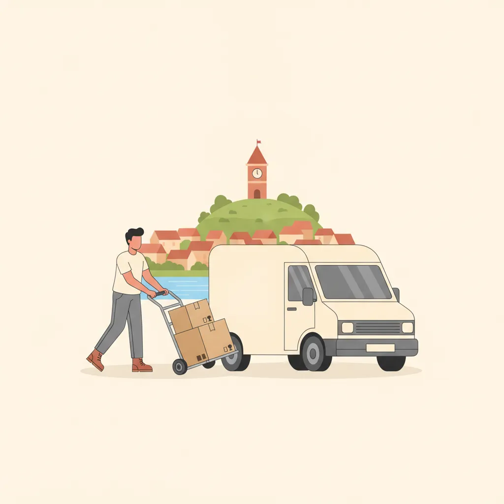 Flat-Design-Illustration: ein Träger schiebt eine Sackkarre mit wenigen beschrifteten Kartons und einem einzelnen Möbelstück zu einem kleinen geschlossenen Kastenwagen ohne Emblem, im Hintergrund der Grazer Uhrturm auf dem Schlossberg und die roten Ziegeldächer der Altstadt - Kleintransport in Graz