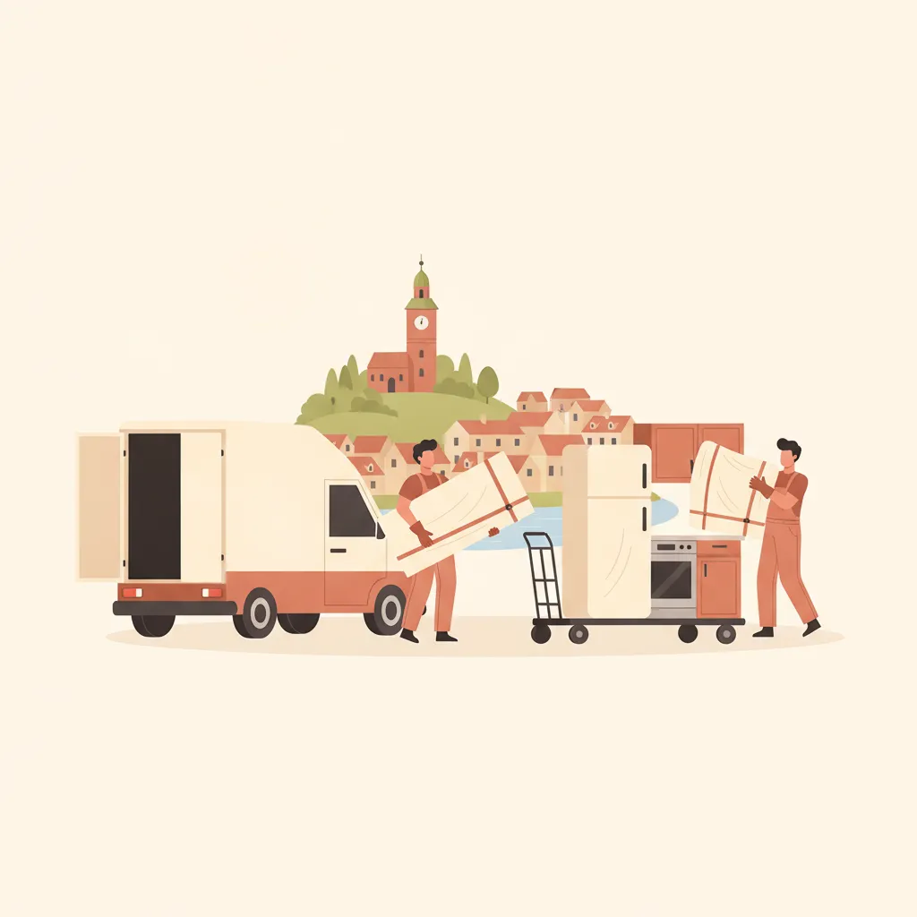 Flat-Design-Illustration: zwei Träger demontieren eine Einbauküche, deckenverpackte Oberschränke und ein gepolsterter Kühlschrank stehen bereit, daneben ein geschlossener Kastenwagen ohne Emblem, im Hintergrund der Grazer Uhrturm auf dem Schlossberg und rote Ziegeldächer der Altstadt - Küchenumzug in Graz