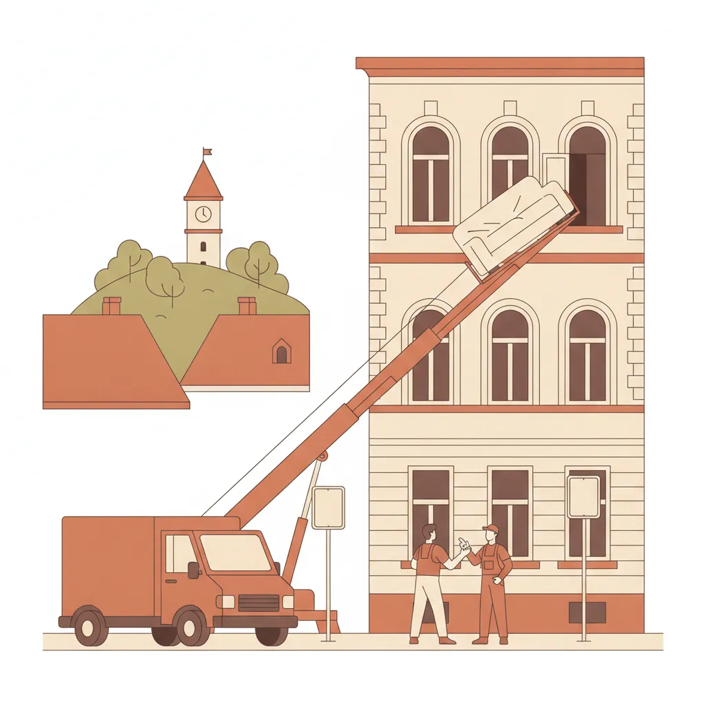 Flat-Design-Illustration: ein Möbellift mit schräger Teleskopschiene hebt ein deckenverpacktes Sofa zu einem geöffneten Fenster im oberen Stock eines Grazer Gründerzeit-Altbaus, unten ein geschlossener Kastenwagen ohne Emblem in einer Halteverbotszone, im Hintergrund Uhrturm und Schlossberg - Möbellift in Graz