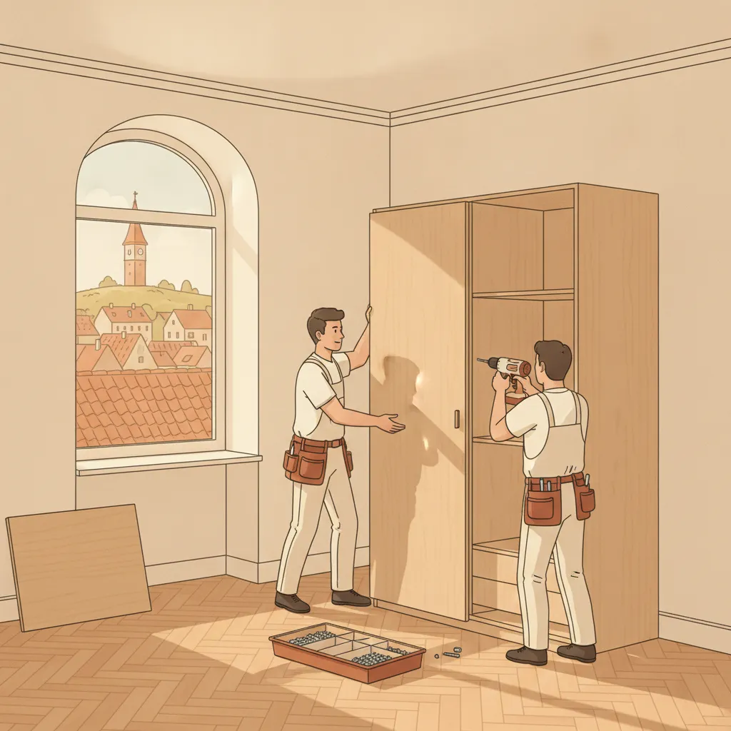 Flat-Design-Illustration: zwei Monteure in schlichter Arbeitskleidung bauen einen hohen Kleiderschrank in einer Grazer Gründerzeitwohnung mit hohen Räumen auf, daneben Akkuschrauber und ein sortierter Beschlagkasten, im Hintergrund Uhrturm und Schlossberg über roten Ziegeldächern - Möbelmontage in Graz