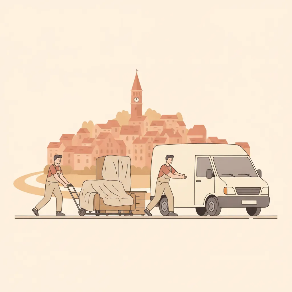 Flat-Design-Illustration: zwei Träger schieben mehrere deckenverpackte Möbelstücke - Sofa, Schrank und Kommode - über eine Sackkarre in einen offenen Kastenwagen ohne Emblem, im Hintergrund Grazer Altstadtfassaden, Uhrturm und Schlossberg über roten Ziegeldächern - Möbeltransport in Graz