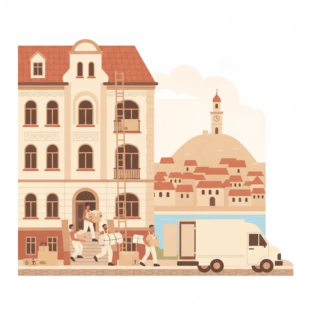 Flat-Design-Illustration: ein junges Paar und zwei Träger schieben deckenverpackte Möbel und beschriftete Kartons aus einem Grazer Gründerzeit-Altbau über das Stiegenhaus zu einem geschlossenen Kastenwagen ohne Emblem, daneben ein Möbellift an der Fassade, im Hintergrund der Uhrturm auf dem Schlossberg und rote Ziegeldächer der Altstadt - Privatumzug in Graz