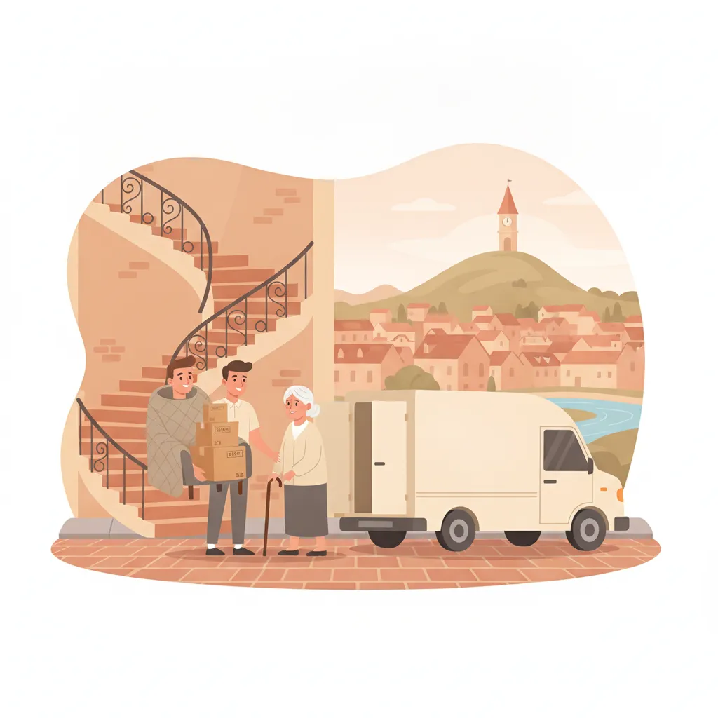 Flat-Design-Illustration: zwei Träger helfen einer älteren Dame geduldig beim Übersiedeln, tragen deckenverpackte Möbel und beschriftete Kartons aus einer Grazer Gründerzeitwohnung, daneben ein geschlossener Kastenwagen ohne Emblem, im Hintergrund der Uhrturm und der Schlossberg über roten Ziegeldächern - Seniorenumzug in Graz