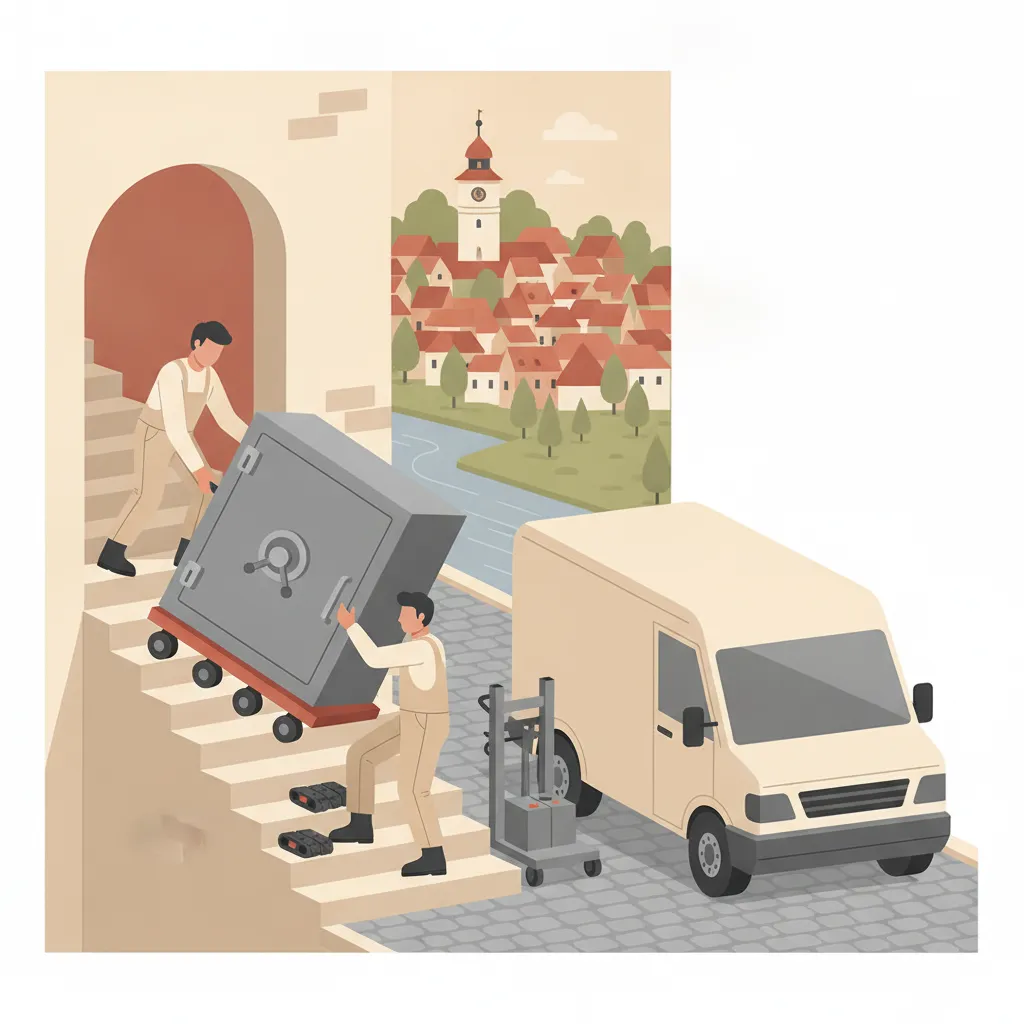 Flat-Design-Illustration: zwei Träger bewegen einen massiven grauen Tresor mit Schwerlastroller und Treppenraupe über eine enge Altbau-Stiege, daneben ein geschlossener Kastenwagen ohne Emblem, im Hintergrund die Silhouette von Graz mit Uhrturm und Schlossberg über roten Ziegeldächern - Tresortransport in Graz