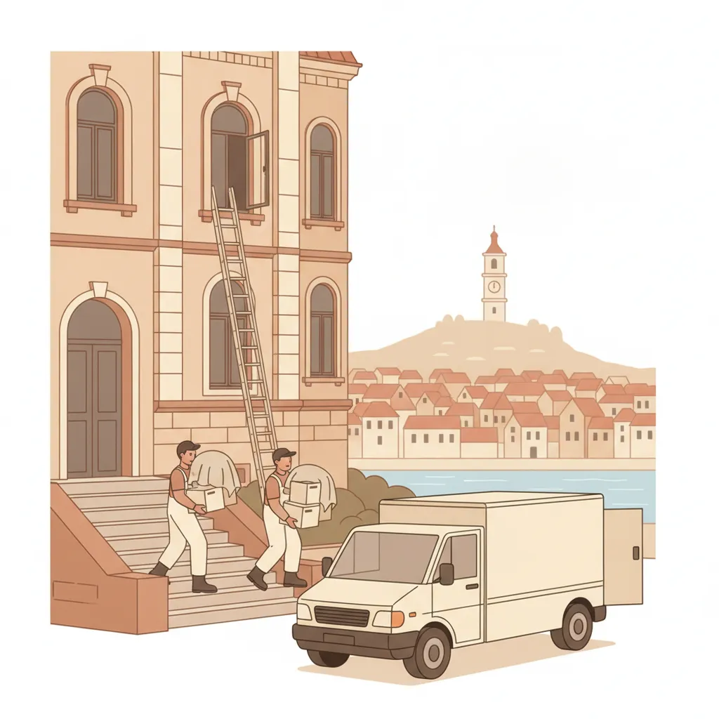 Flat-Design-Illustration: zwei Träger schieben deckenverpackte Möbel und beschriftete Kartons aus einem Grazer Gründerzeit-Altbau über das Stiegenhaus zu einem geschlossenen Kastenwagen ohne Emblem, daneben ein Möbellift an der Fassade, im Hintergrund der Uhrturm auf dem Schlossberg und rote Ziegeldächer der Altstadt - Übersiedlung in Graz